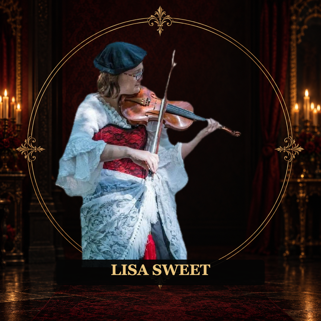 Lisa Sweet playing violin in her Renaissance Festival costume
