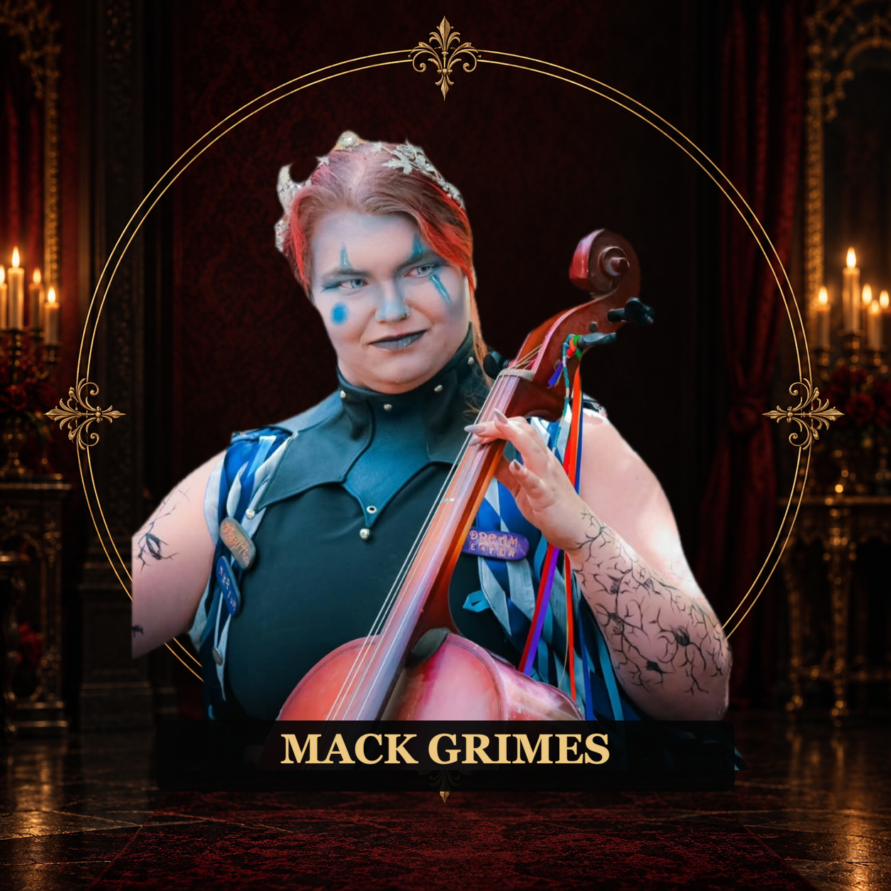Mack Grimes with their cello, wearing a crown and blue stage makeup
