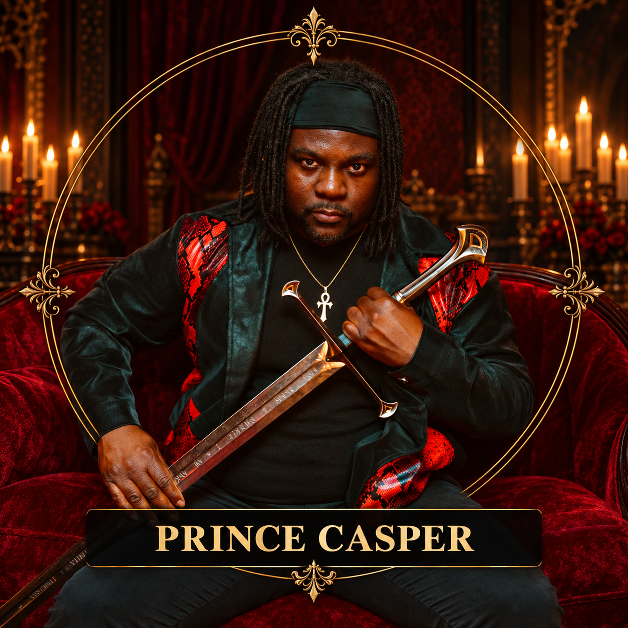 Dominique Evans as Prince Casper, seated with a sword in an antique gold frame