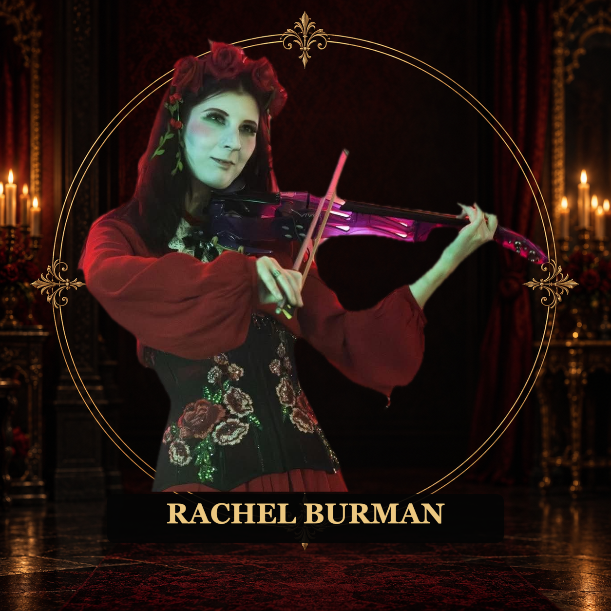 Rachel Burman playing a purple electric violin, wearing a red rose crown